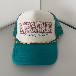 Margarita Weather Teal & White Trucker Hat with gold tone attached chain.